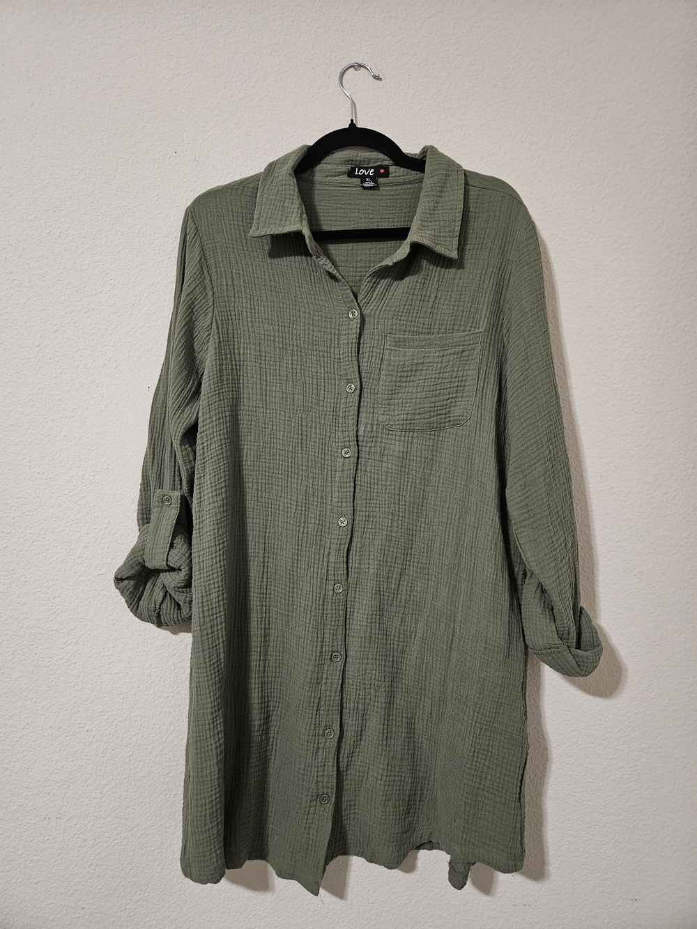 Olive Green 100% Cotton Gauze Button-Front Shirt Dress XL